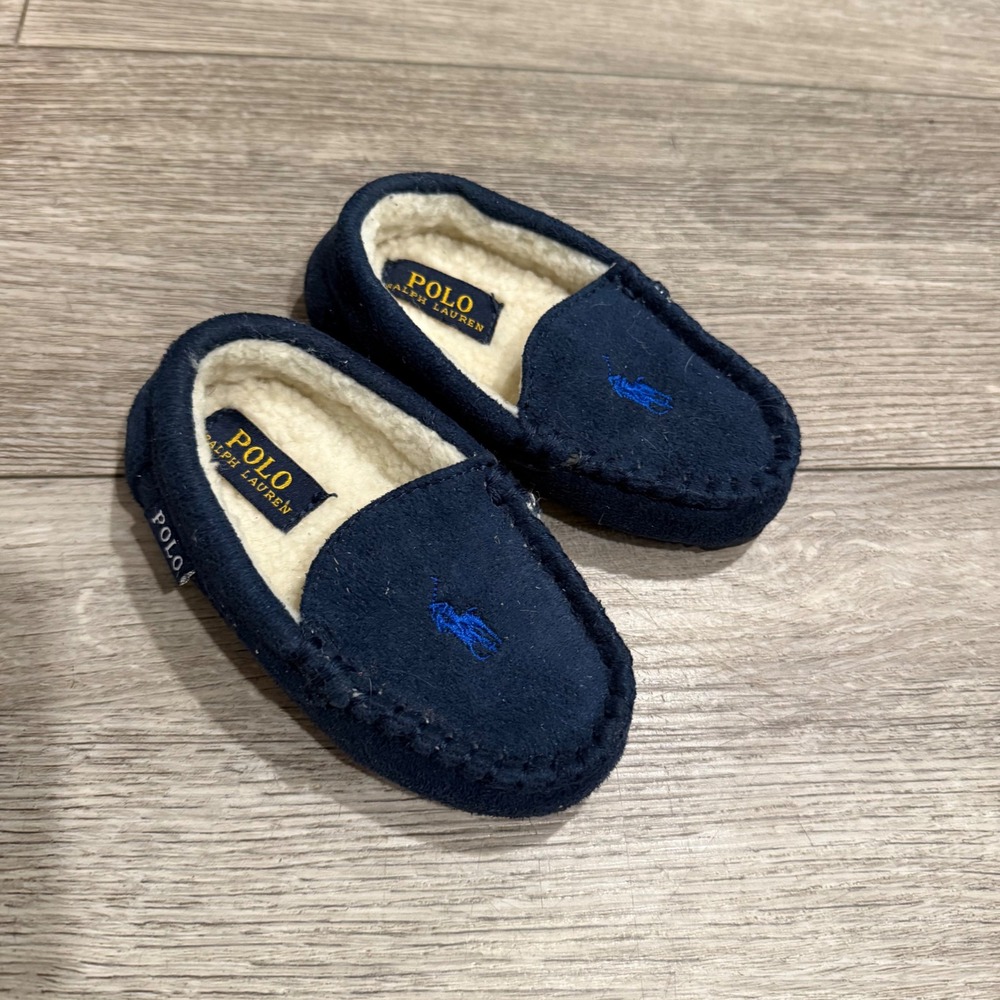 Polo Ralph Lauren Kids Slippers Navy Fleece Moccasin House Shoes Size 7 Toddler